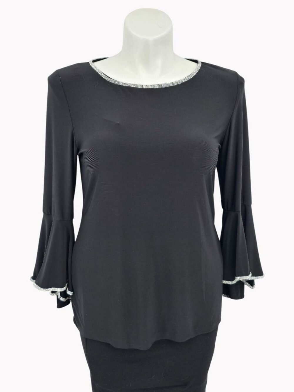 Prelude Womens Large Black Rhinestone Trim Bell Sleeve Blouse Dressy Stretch Top